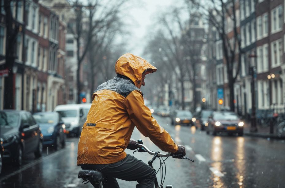 Man fietst door Amstedam met regenjas - Foto Edwin - Eigen beheer
