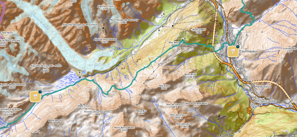 De route van Rifugio Elisabetta naar Courmayeur, TMB etappe 4